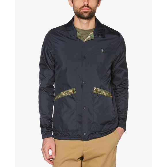 Original Penguin Mens Patch Pocket Coach Reversible Printed Jacket Navy Blue L - Picture 2 of 6